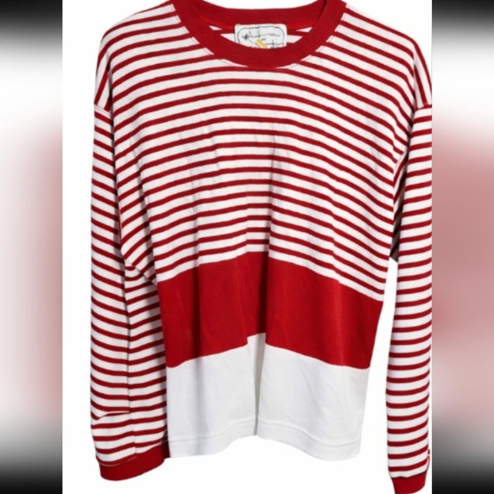 Adrienne Vittadini VintageSport Red White Stripe Cotton Top Smocked Back Nautic
